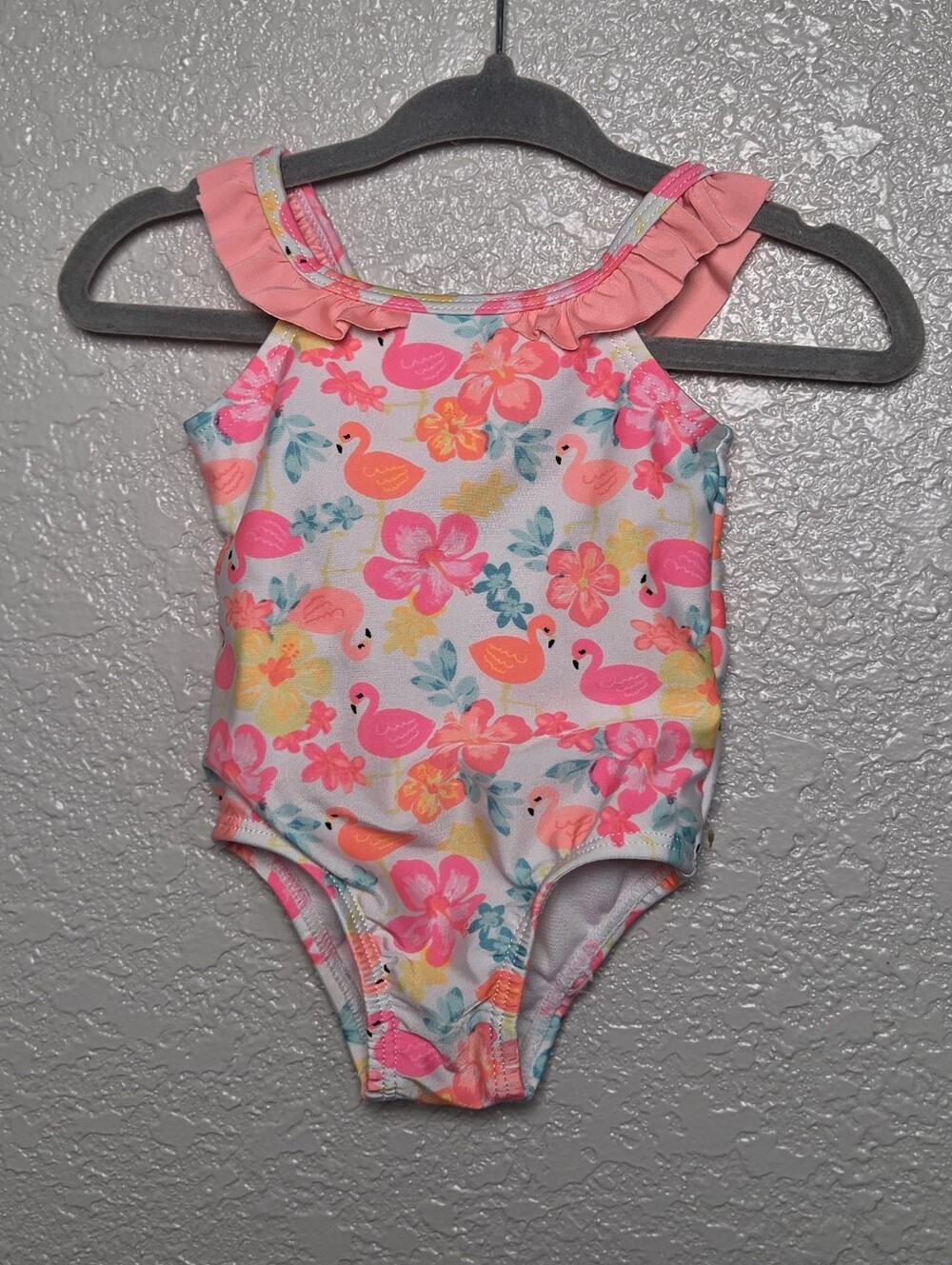 healthtex Pink Floral Flamingo Ruffle-Shoulder One-Piece Swimsuit